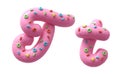 Pink cream with colorful sweets font. Letter T.