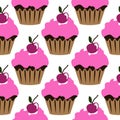 Pink cream cupcake with cherry seamless pattern