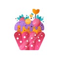 Pink creamy cupcake, sweet pastry decorated with berries, dessert for birthday party vector Illustration on a white