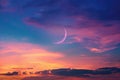 Pink crescent moon in the blue sky with orange and purple clouds AIG51A Royalty Free Stock Photo