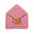 Pink Crochet Envelope with Wooden Button Isolated on White Background Royalty Free Stock Photo