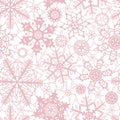 Pink crochet snowflakes on white seamless pattern, vector Royalty Free Stock Photo