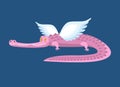 Pink crocodile with wings. Fantastic animal. Good Fairy alligator. Flying border.