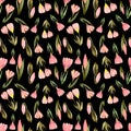 Pink crocus flowers with herbs bouquet seamless pattern.