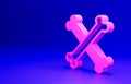 Pink Crossed bones icon isolated on blue background. Pets food symbol. Happy Halloween party. Minimalism concept. 3D