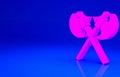 Pink Crossed medieval axes icon isolated on blue background. Battle axe, executioner axe. Medieval weapon. Minimalism