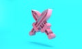 Pink Crossed medieval sword icon isolated on turquoise blue background. Medieval weapon. Minimalism concept. 3D render