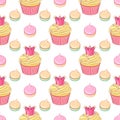 Pink crown cupcakes and meringues vector seamless pattern.