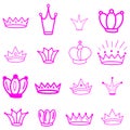 Pink Crowns. Tiara. Diadem. Sketch crown. Hand drawn queen tiara, king crown. Royal imperial coronation symbols, monarch majestic