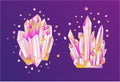 Pink crystal, cartoon cute vector Quartz illustration. Quartz Crystal druse, pink princess grain on violet background