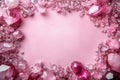 Pink crystals and gemstones creating a frame on a pink background with copy space Royalty Free Stock Photo