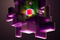 Pink Cube With Green Neon Light On Abstract Pink Geometric Foursquare Figures And Violet Background. 3d Rendering