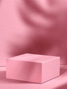 Pink cubic pedestal and partly screened background. 3d computer graphic template of displaying place for your products. Blank