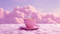 Pink cup of coffee mockup on pink sky clouds background. Closeup blank template canvas cappuccino mug with empty copy space.