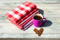 Pink cup of hot black coffee with roasted coffee beans as hear Royalty Free Stock Photo