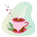 The pink cup icon. Flat coffee mug with coffee beans and leaves. Hot steam in the form of love hearts. Decorative vector Royalty Free Stock Photo
