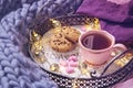 Pink cup of tea,cookies, garland Royalty Free Stock Photo