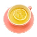 Pink cup of tea with a single piece of lemon