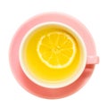 Pink cup of tea with a single piece of lemon