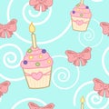 Pink cupcake and bow. Colorful yummy pattern on blue background