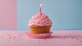 pink cupcake with candle A cute and festive photo of a pink birthday cupcake with a single candle on top. Royalty Free Stock Photo