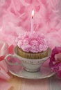 Pink Cupcake with Candle in Teacup Royalty Free Stock Photo