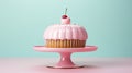 a pink cupcake with a cherry on top on a pink cake stand. generative ai