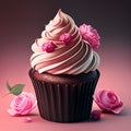 Pink cupcake with pink roses on a pink background. 3d rendering generative AI dessert ai