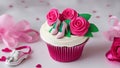 pink cupcake with white frosting A fuchsia pink theme cupcake with a shoe and a rose decoration and a beautiful roses. high heels