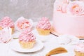 Pink cupcakes with roses and holiday cake. Festive and bright. Wedding Celebration concept. Royalty Free Stock Photo