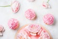 Pink cupcakes with roses and holiday cake. Festive and bright. Wedding Celebration concept. Royalty Free Stock Photo