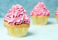 Pink cupcakes with roses and holiday cake. Festive and bright. Wedding Celebration concept. Royalty Free Stock Photo