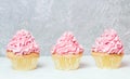 Pink cupcakes with roses and holiday cake. Festive and bright. Wedding Celebration concept. Royalty Free Stock Photo