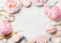 Pink cupcakes with roses and holiday decor in frame. Festive and bright. Wedding Celebration concept. Copy space. Royalty Free Stock Photo