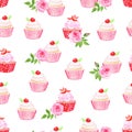 Pink cupcakes vector seamless pattern