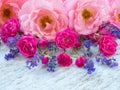 Pink curly roses, small vibrant pink roses and provence lavender Royalty Free Stock Photo