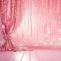A pink curtain with streamers and ribbons