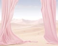 pink curtains in the desert with mountains in the background