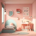 Pink bedroom interior design. Furniture luxury home bed room 3d rendering of poly house wall, Generative Ai