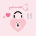 Pink cute cartoon dotted heart shape key and closed lock icons background
