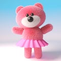 Pink cute 3d cartoon teddy bear soft toy character wearing a pink tutu fairy dress, 3d illustration