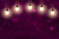 pink cute glossy glitter lights defocused bokeh abstract background with light bulbs and falling snow flakes fly, celebratory Royalty Free Stock Photo