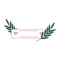 Pink cute horizontal frame with space for text. Empty ribbon with plants pink tape isolated. Laurel template. Hand-drawn doodle