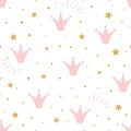 Pink cute princess pattern Seamless background with a pink crown gold stars on a white background vector