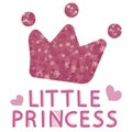 pink cute shiny crown with stars and lettering little princess, cute vector illustration