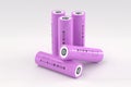 5 pink cylindrical lithium-ion batteries type 18650 on a light gray background. Rechargeable batteries for electrical