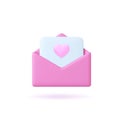 Pink 3d mail letter with heart on paper page. Valentines day icon, cute love romantic elements plastiline style vector