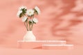 Pink 3D rendering illustration of common daisy vase with pink empty space podium display for product