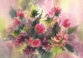 Pink dahlia flowers on color background watercolor painting Royalty Free Stock Photo