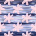 Pink daisy flowers seamless pattern. Background with blue strips. Simple design Royalty Free Stock Photo